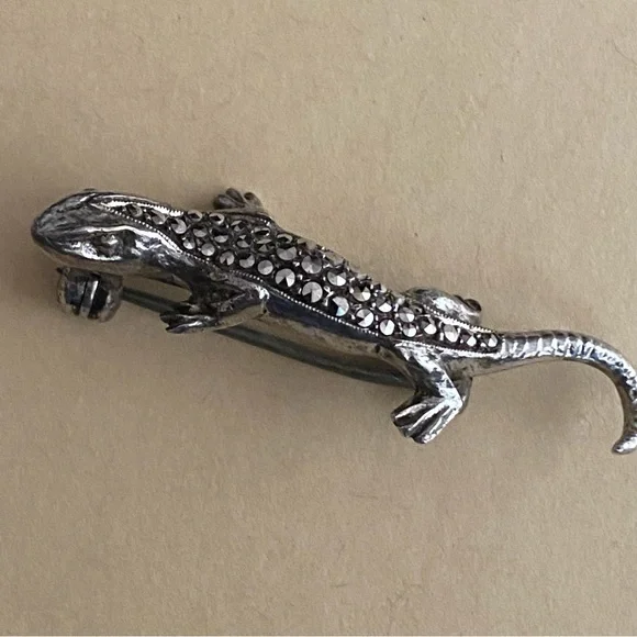 Vintage German Sterling Silver Marcasite Lizard Brooch Pin.Marked & Tested EUC - Picture 7 of 10